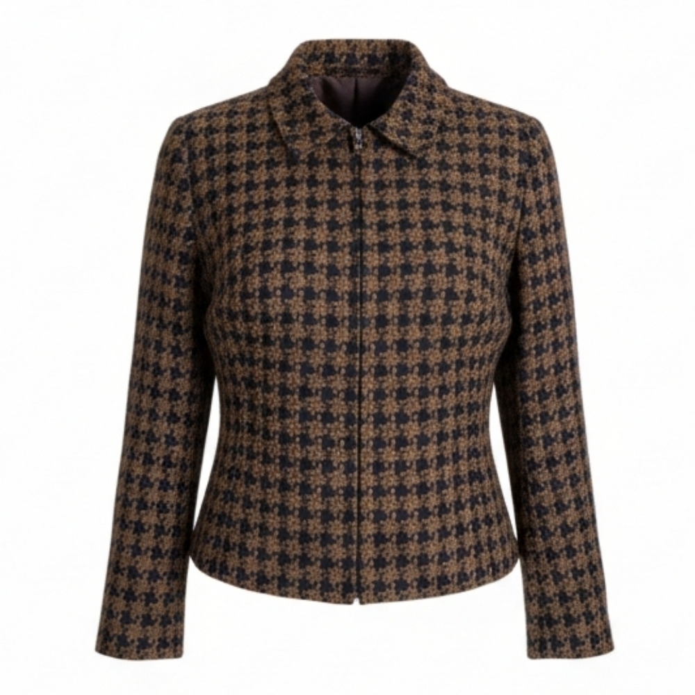 Sag Harbor Blazer Women 12 Brown Black Houndstooth Full Front Zip Collar Lined